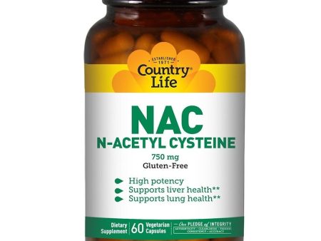 Country Life, Gluten Free, NAC, N-Acetyl Cysteine, 750 mg, 60 Veggie Capsules For Sale