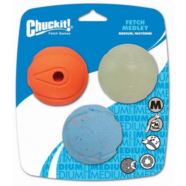 Chuckit Fetch Medley Balls Medium Whistler Max Glow Rebounce Pack of 3 Hot on Sale